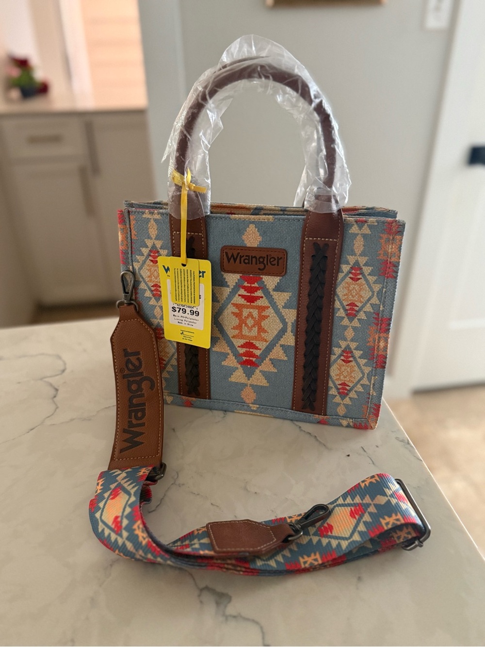 NWT Wrangler Southwestern Aztec Small Tote Crossbody Bag Blue Denim